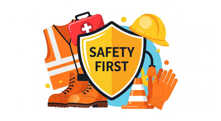 Illustration of safety gear including vest helmet gloves boots and first aid kit with shield