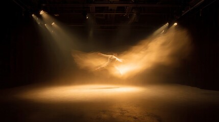 Illuminated stage with soft golden lighting, dramatic atmosphere for a performance or event, ample space for text.