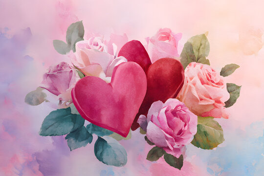 Beautiful bouquet of roses and heart shapes in soft pastel colors for romantic occasions