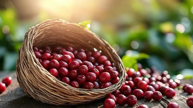 Ripe red arabica coffee cherries overflowing from a wicker basket on a wooden table, basking in the warm sunlight of a lush green plantation during a bountiful harvest season