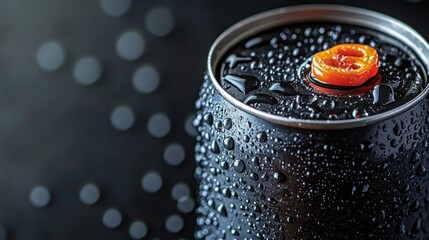 Close-up of a wet metallic can with a red cap