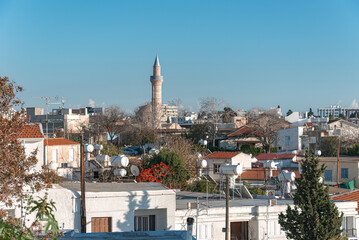 Paphos skyline showing residential houses and Djami Kebir mosque in Cyprus