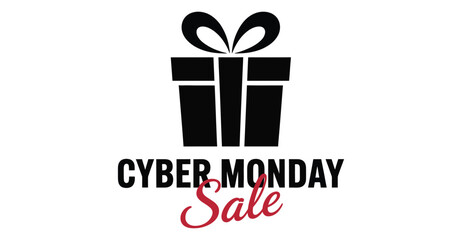  Cyber Monday sale banner with black gift box icon, bold typography and red cursive script for ecommerce, retail, and digital promotions