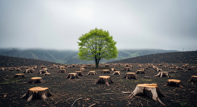 Lone tree stands amidst a field of tree stumps under a cloudy sky in a deforested landscape