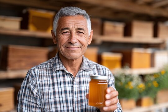 Man displays a jar of honey in front of beehives with a smile - Powered by Adobe