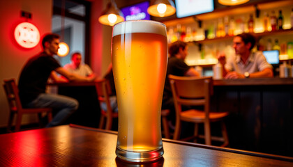Glass of beer on wooden table in bar with people socializing  
