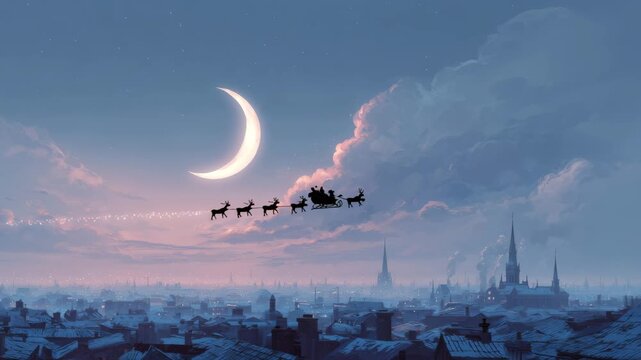 Santa Claus flying sleigh over snowy city rooftops under crescent moon, magical winter night sky illustration