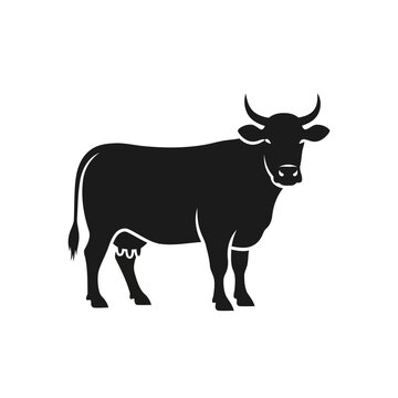 Black silhouette of a cow with horns and udders, standing and facing forward