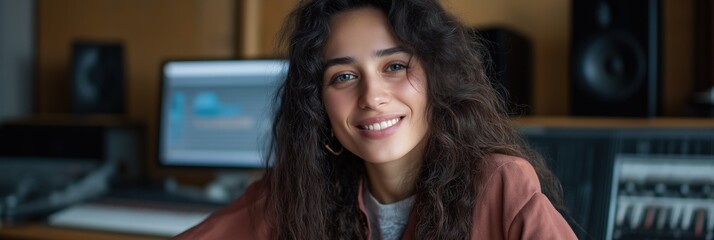 Young woman in recording studio with audio equipment and computer