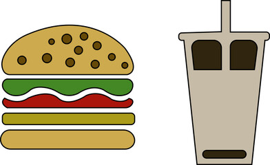 Black burger and coffee icon.Classic fast food meal with burger fries and coffee icon.Black and white icon of a donut burger icon.fast food items including burger and a slice of cheese.