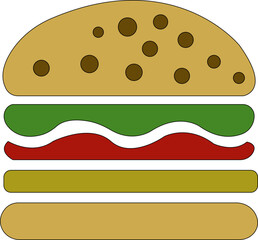 Black burger and coffee icon.Classic fast food meal with burger fries and coffee icon.Black and white icon of a donut burger icon.fast food items including burger and a slice of cheese.