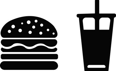 Black burger and coffee icon.Classic fast food meal with burger fries and coffee icon.Black and white icon of a donut burger icon.fast food items including burger and a slice of cheese.