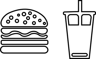 Black burger and coffee icon.Classic fast food meal with burger fries and coffee icon.Black and white icon of a donut burger icon.fast food items including burger and a slice of cheese.
