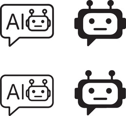 Isolated AI Chatbot black vector icon set, AI chatbot icons, artificial intelligence bot design, solid black outline filled minimal thin stroke, digital assistant messaging symbols