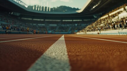 Athletic stadium running lane macro with focus on white marking line