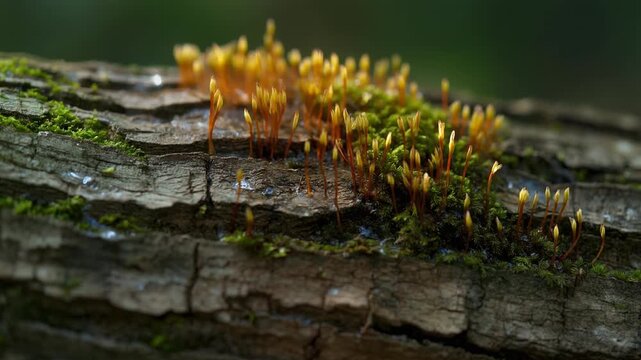Close-up of moss growing on a tree branch, showcasing its intricate details and vibrant colors.
