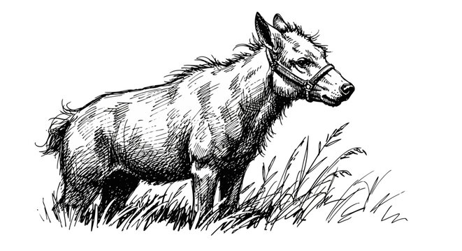 Onager Wildlife Illustration: Hand-Drawn Asiatic Wild Ass in Black and White, Standing in Grass, Nature Concept, Desert Animal, Asian Equine