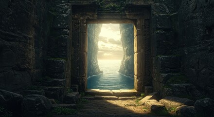 Ancient stone doorway opens toward sunlit ocean passage between towering cliffs