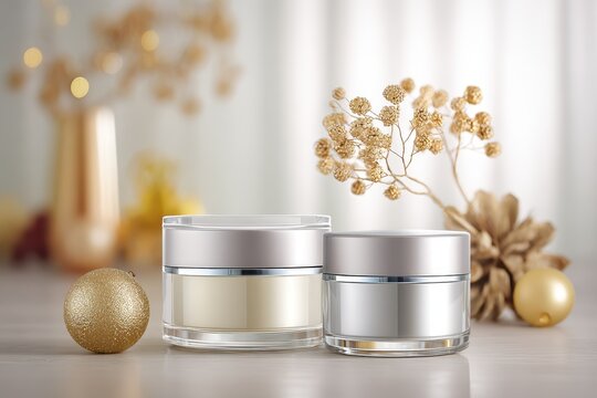 Modern cosmetic containers showcased on a clear, uncluttered surface, complemented by soft shadows and minimalistic New Year decorations for an elegant atmosphere