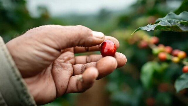 Close up shot of a coffee farmer delicately hand picking vibrant red arabica coffee cherries from a verdant branch during the yearly harvest on a coffee estate