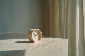 minimalist alarm clock rests elegantly against pastel wall creating calm ambiance