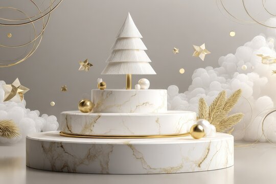 Stylized white and gold tiered platform displays a minimalist tree decoration amidst soft clouds and celestial shapes