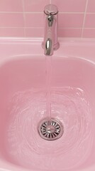 Modern chrome faucet with running water in pink sink