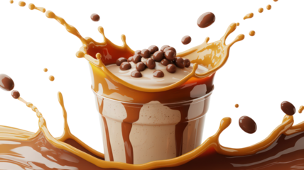 Extravagant Caramel Milkshake Explosion Showcasing Decadent Chocolate Balls with Sweet and Visually Striking Splash Against Gray Neutral Backdrop