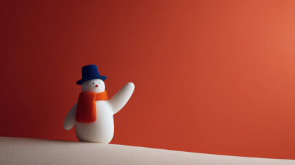cheerful snowman waving its digital hand set against striking bright red background