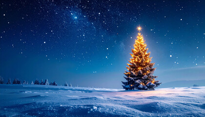 Naklejka premium Beautifully lit Christmas tree stands in snowy landscape under starry winter sky, evoking sense of wonder