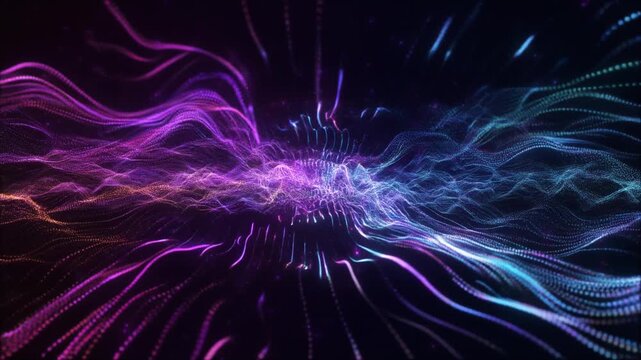 Abstract visualization of colorful wavy lines and particles emanating from a central point in a dark space.