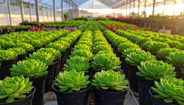 Rows of vibrant green succulents in black pots, inside a bright greenhouse with a blurred background
