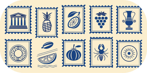 Vintage Postage Stamps Featuring Fruits Architecture and Insects retro