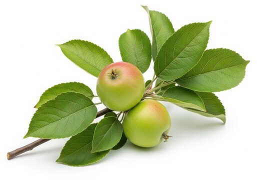 Two unripe apples on a branch with green leaves, isolated on white background