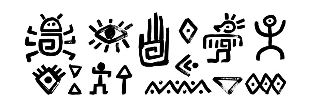Mystical tribal symbol set merges african aztec maya ethnic idol logo icon vector influences in classic mexican style incorporating arrow bird eye palm hand bug elements on white background