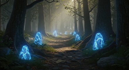 Enchanted glowing stones illuminate a mystical pathway winding through a dense, ancient woodland