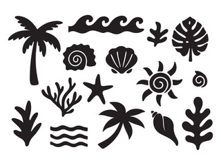 Collection of black silhouette tropical beach vacation elements including palm trees seashells crabs waves starfish and seaweed