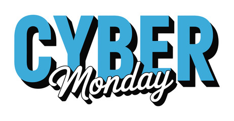  Cyber Monday sale banner with bold blue typography and cursive white script on black background for ecommerce and digital promotions