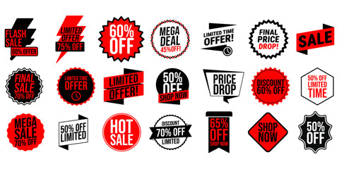 Collection of red, black, and white promotional sale badges and discount labels,  designed for marketing and retail advertising.