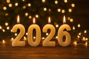 The numbers 2026 are in the form of burning candles on a festive background. Happy New Year and Merry Christmas 2026!