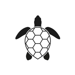 Stylized black silhouette of a sea turtle with a hexagonal patterned shell, representing marine life and conservation