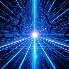Futuristic Abstract Digital Tunnel with Blue Light Beams Leading Towards a Bright Center