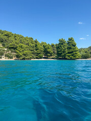 Azure Sea and Verdant Shoreline Under a Clear Sky
