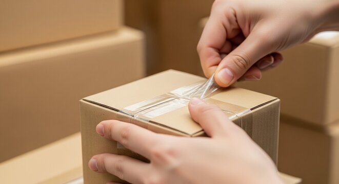Hands sealing a cardboard box with clear tape for shipping