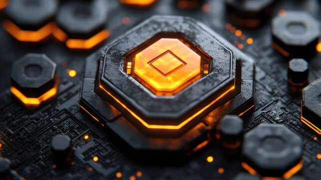 Close-up of glowing hex-shaped circuit board