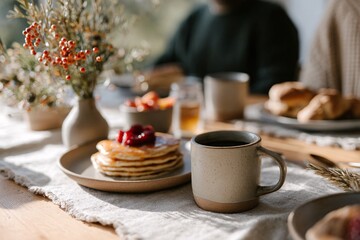 Fototapeta premium Family enjoying breakfast together with pancakes and coffee