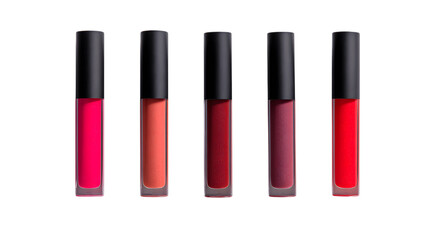 Obraz premium Row of Five Liquid Lipstick Tubes with Black Cap, Assorted Red and Pink Shades, Isolated on transparent background