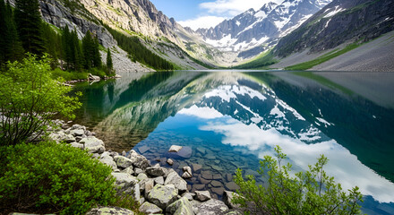 Crystal-clear mountain lake with snow-capped peaks and flawless reflection