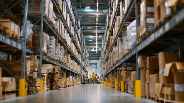 Busy warehouse with workers organizing boxes during a sunny afternoon