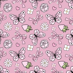 Pink Kawaii Butterfly, Peony, Bow, and Strawberry Sweet Garden Seamless Pattern